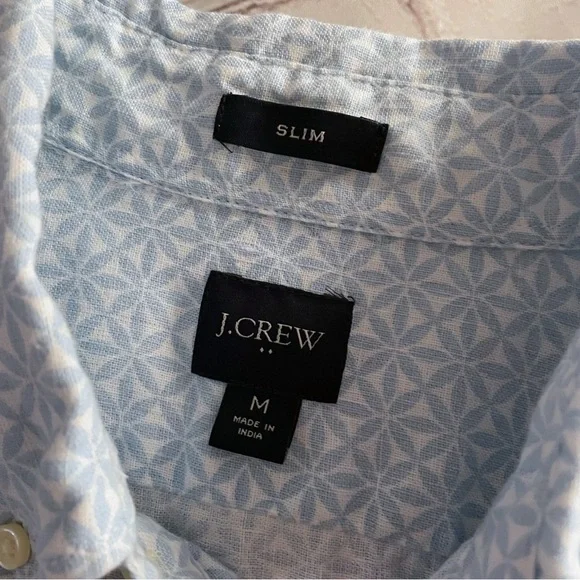 J.Crew Light Blue Geometric Button Down Short Sleeve Linen Slim Men’s Shirt M - Picture 9 of 10